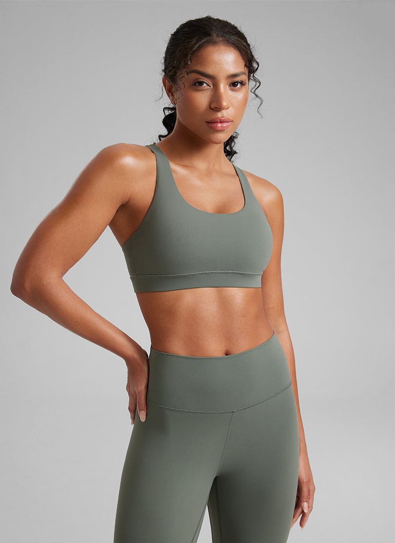 CRZ YOGA Damen Gekreuzt Rücken Spaghetti Abnehmbare Pads BH Grauer Salbei