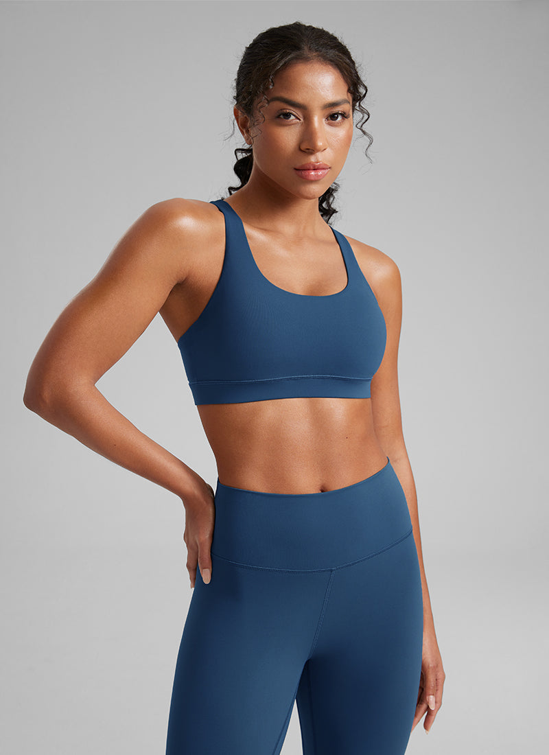 CRZ YOGA Damen Gekreuzt Rücken Spaghetti Abnehmbare Pads BH FRANZÖSISCHE MARINE