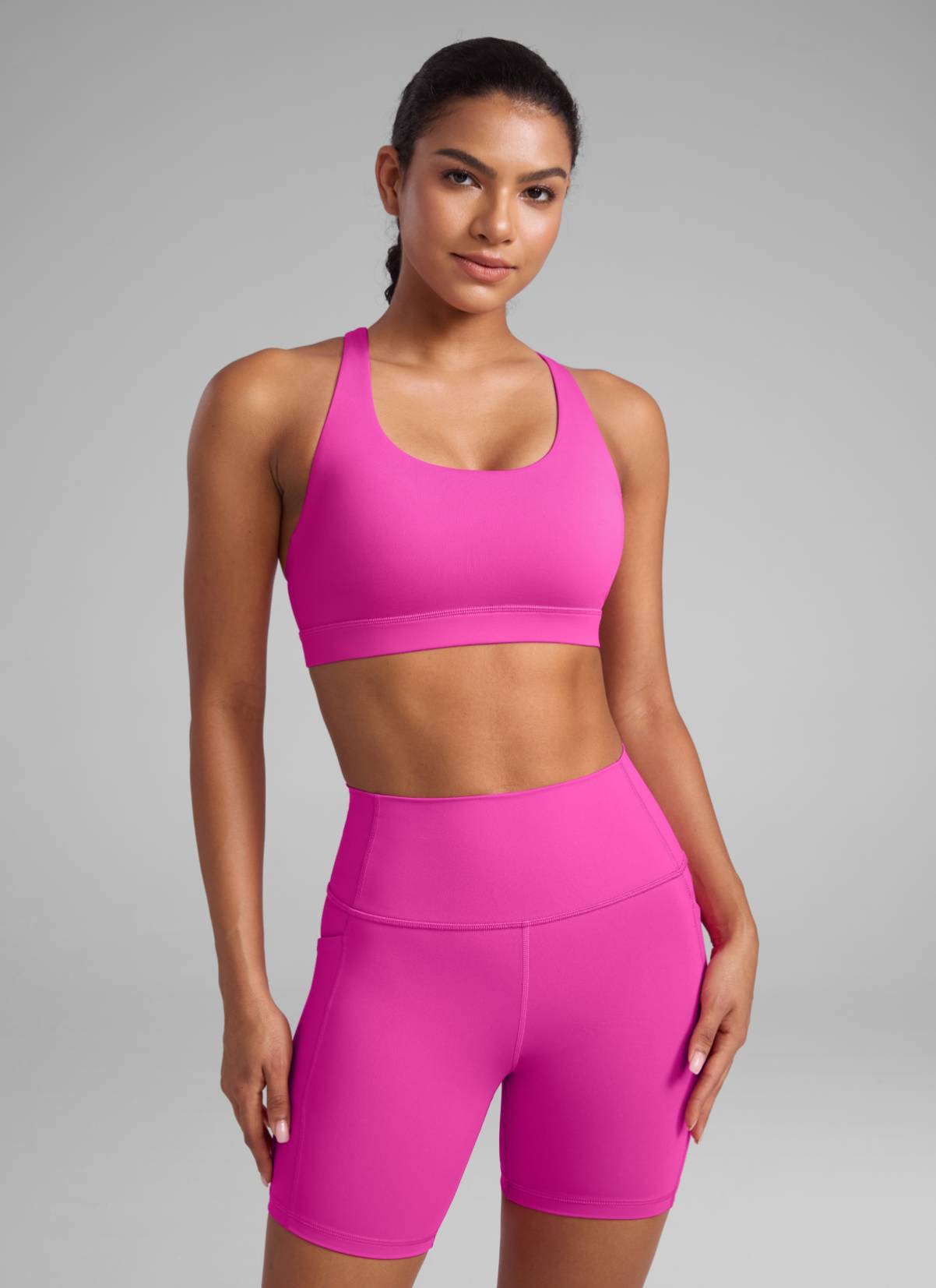 CRZ YOGA Damen Gekreuzt Rücken Spaghetti Abnehmbare Pads BH Hibiskus-Purpur