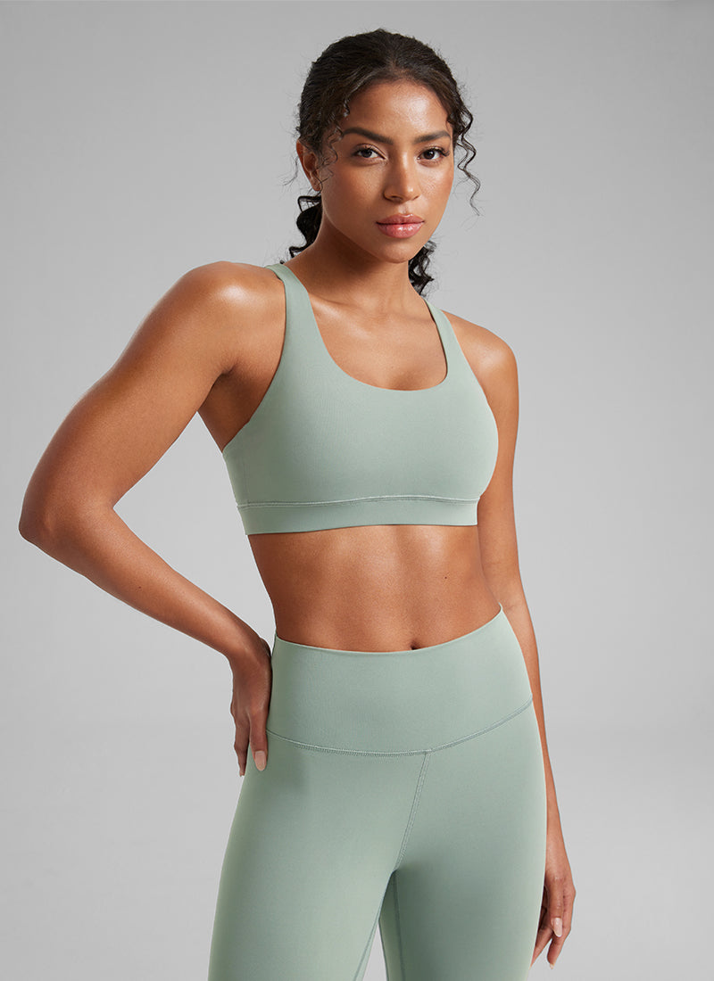 CRZ YOGA Damen Gekreuzt Rücken Spaghetti Abnehmbare Pads BH Grüner Palmenhof