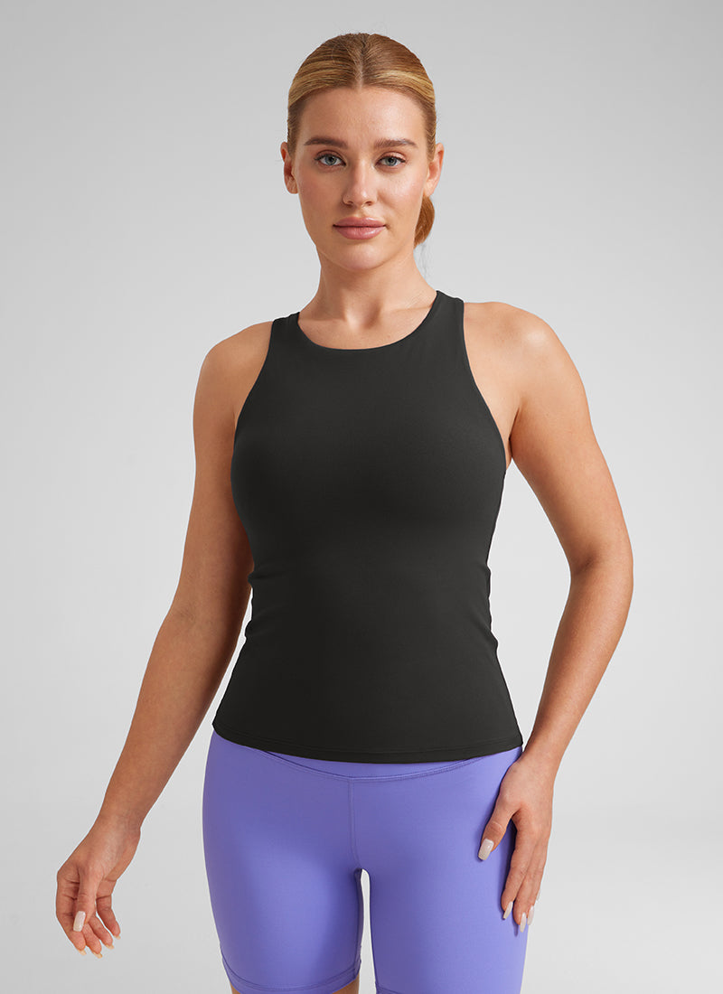 CRZ YOGA Damen Butterluxe Racerback Longline Gepolstert Tank Top Schwarz
