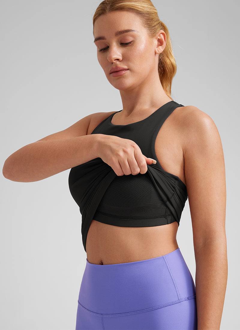 CRZ YOGA Damen Butterluxe Racerback Longline Gepolstert Tank Top Schwarz