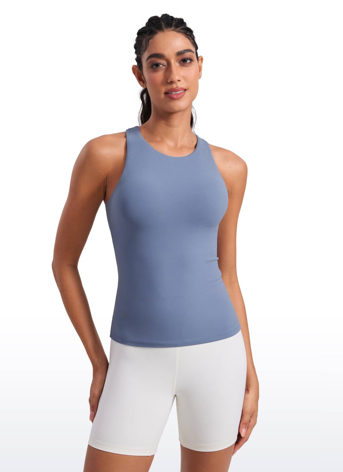 CRZ YOGA Damen Butterluxe Racerback Longline Gepolstert Tank Top Oase Blau