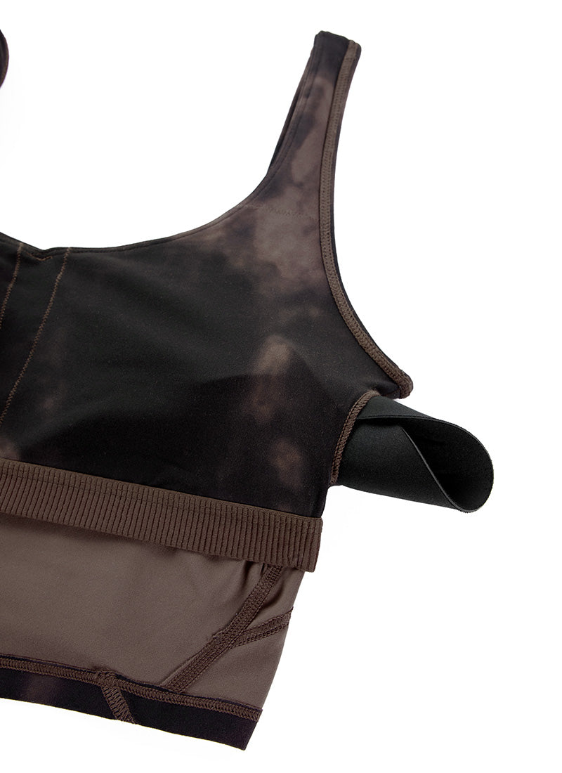 CRZ YOGA Damen Butterluxe V-Ausschnitt Longline Gepolstert Sport-BH Taupe Tie Dye Blumen