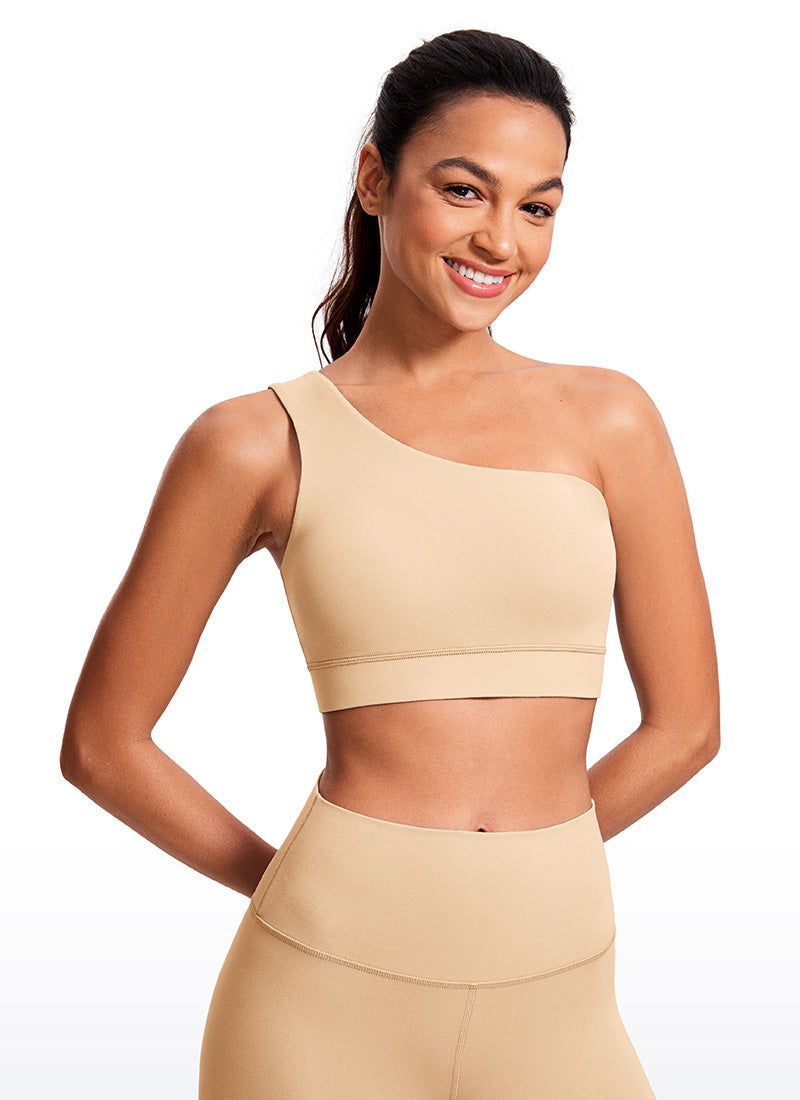 CRZ YOGA Butterluxe Womens One Shoulder Sports Bra Asymmetrical Padded Bräunungs-Milchshake
