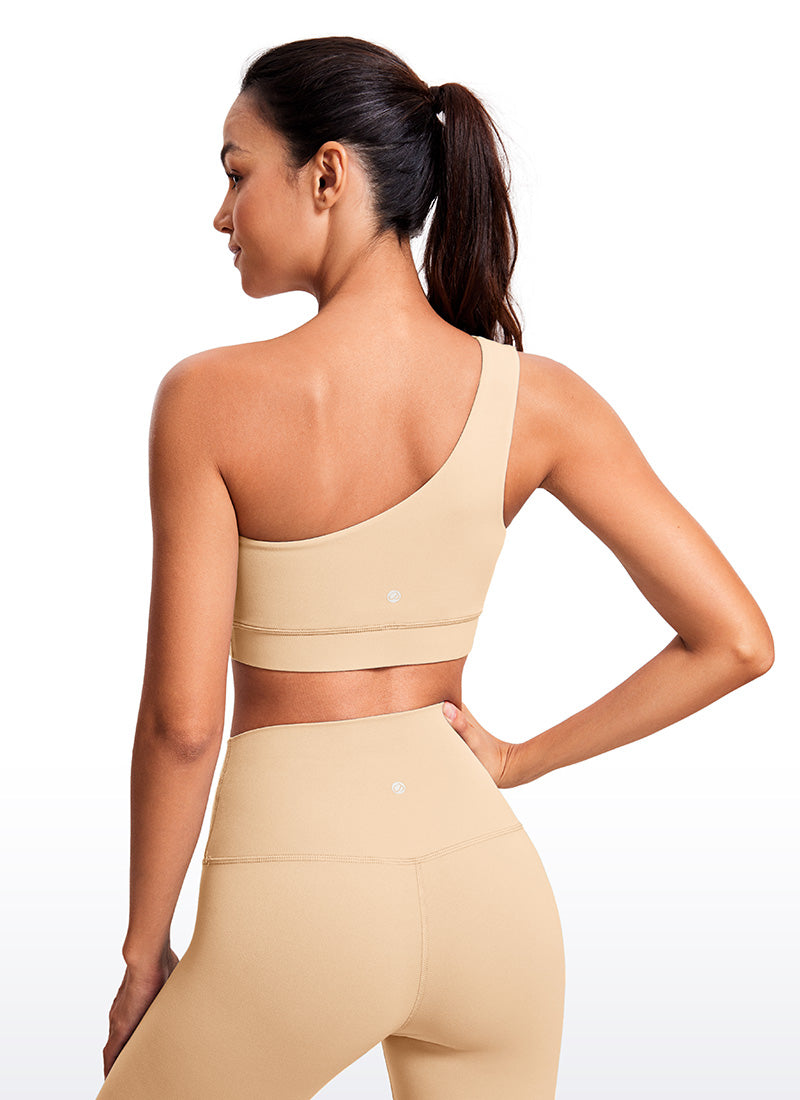 CRZ YOGA Butterluxe Womens One Shoulder Sports Bra Asymmetrical Padded Bräunungs-Milchshake