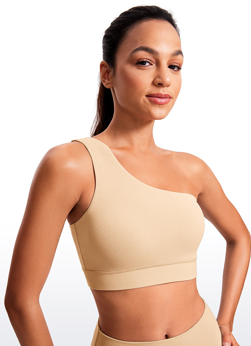 CRZ YOGA Butterluxe Womens One Shoulder Sports Bra Asymmetrical Padded Bräunungs-Milchshake