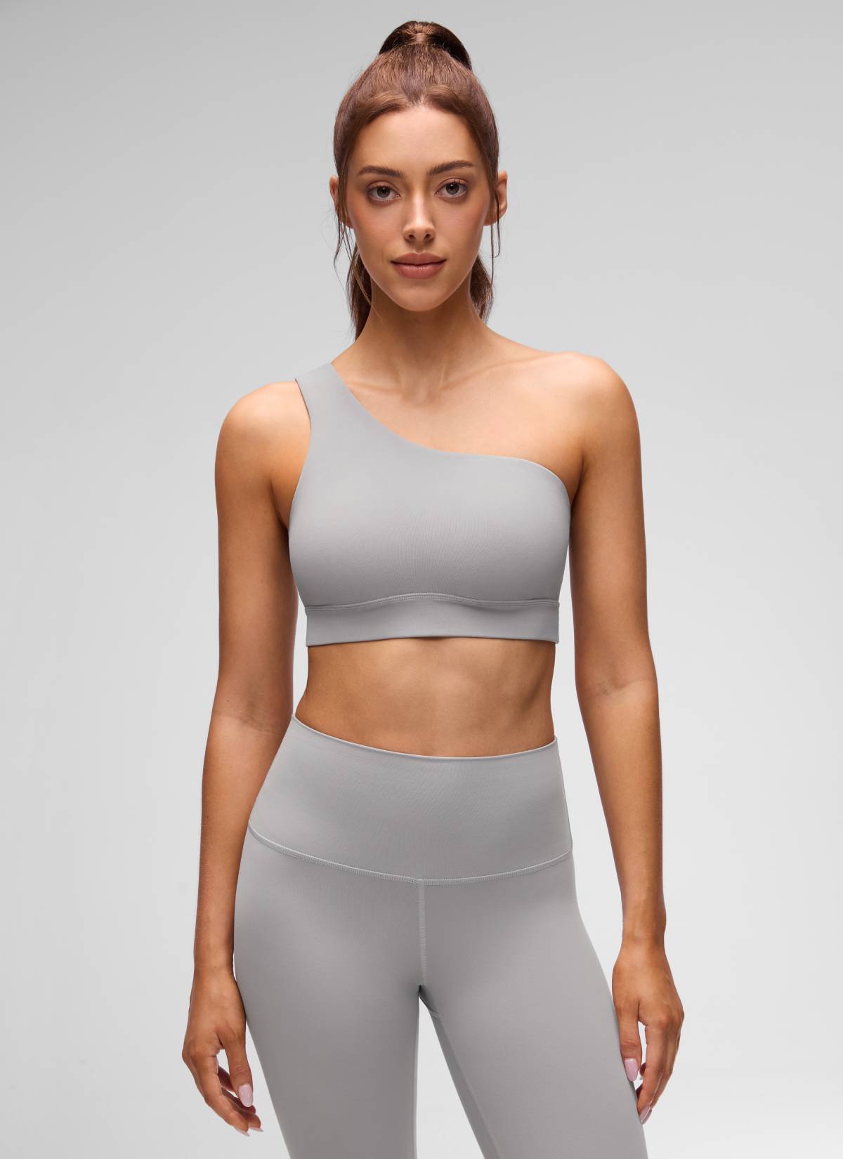 CRZ YOGA Butterluxe Womens One Shoulder Sports Bra Asymmetrical Padded Möwe Grau