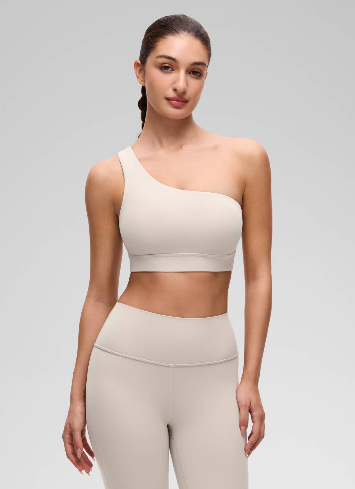 CRZ YOGA Butterluxe Womens One Shoulder Sports Bra Asymmetrical Padded Mojave-Braun