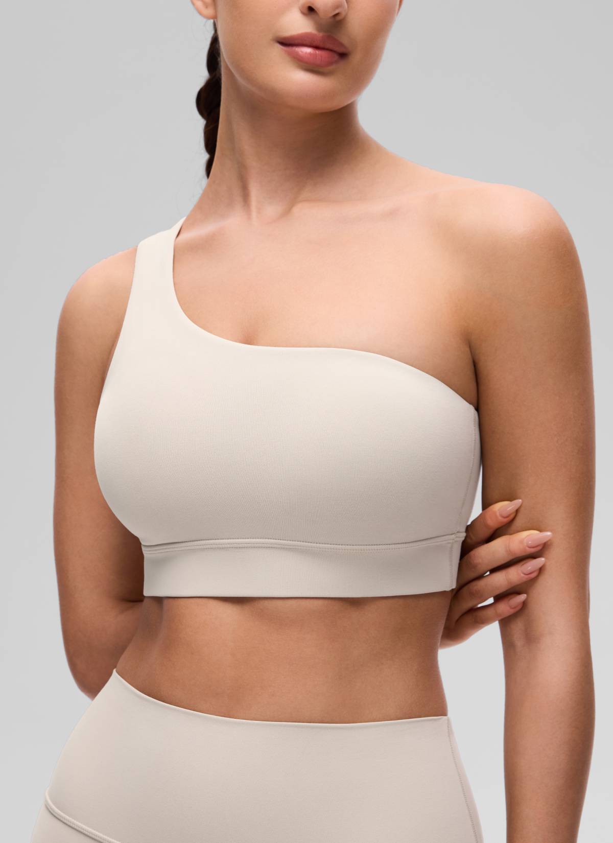 CRZ YOGA Butterluxe Womens One Shoulder Sports Bra Asymmetrical Padded Mojave-Braun