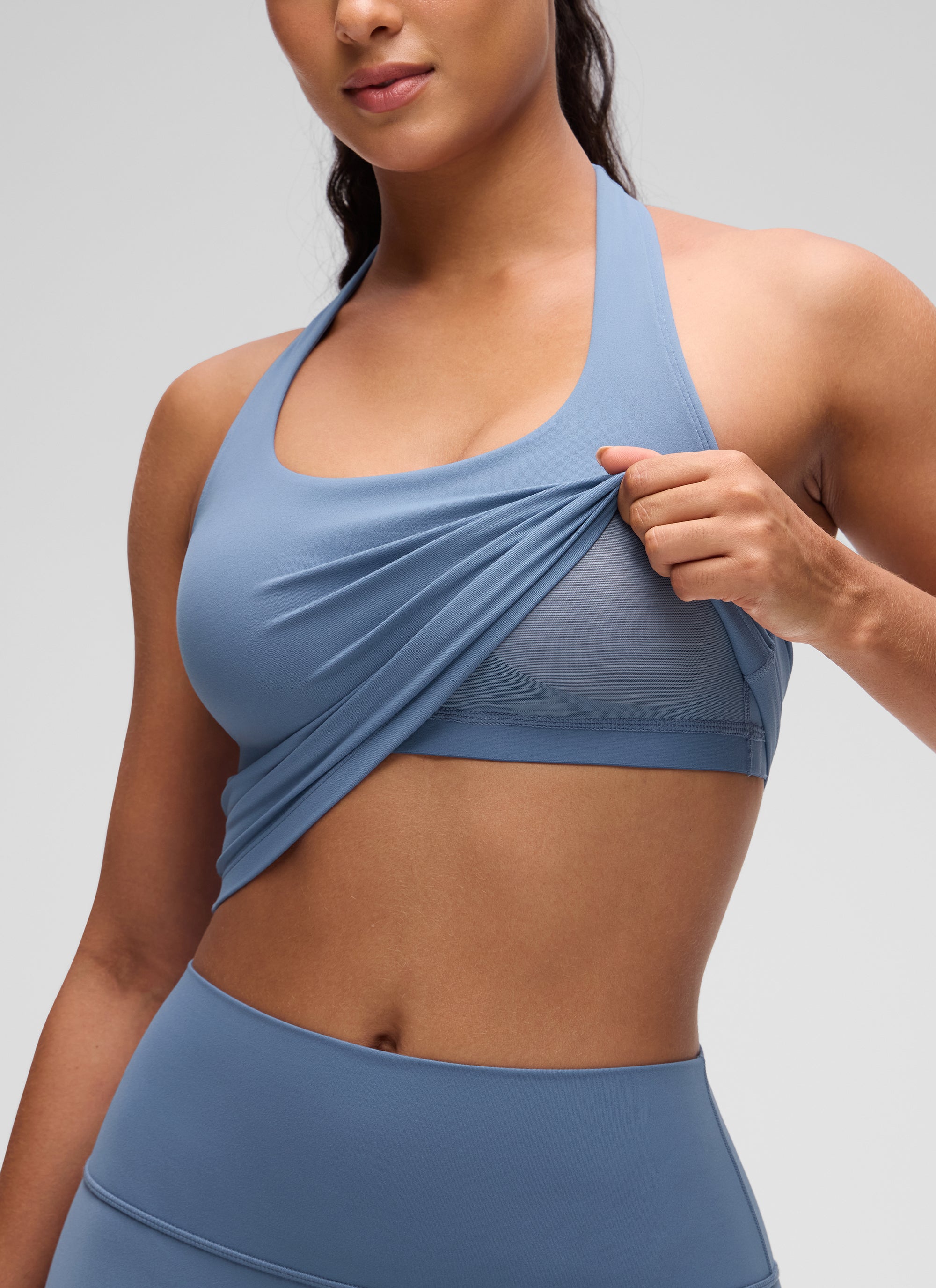 CRZ YOGA Butterluxe Damen Neckholder Rückenfrei Sport BH Ohne Bügel Gewaschener Denim