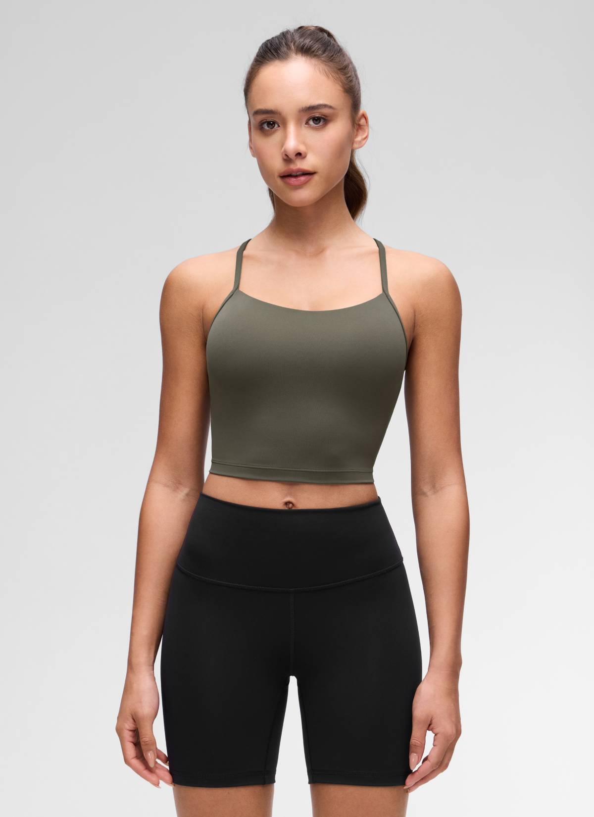 CRZ YOGA Damen Butterluxe Y Rücken Strappy Ohne Bügel Sport BH Helles Armeegrün