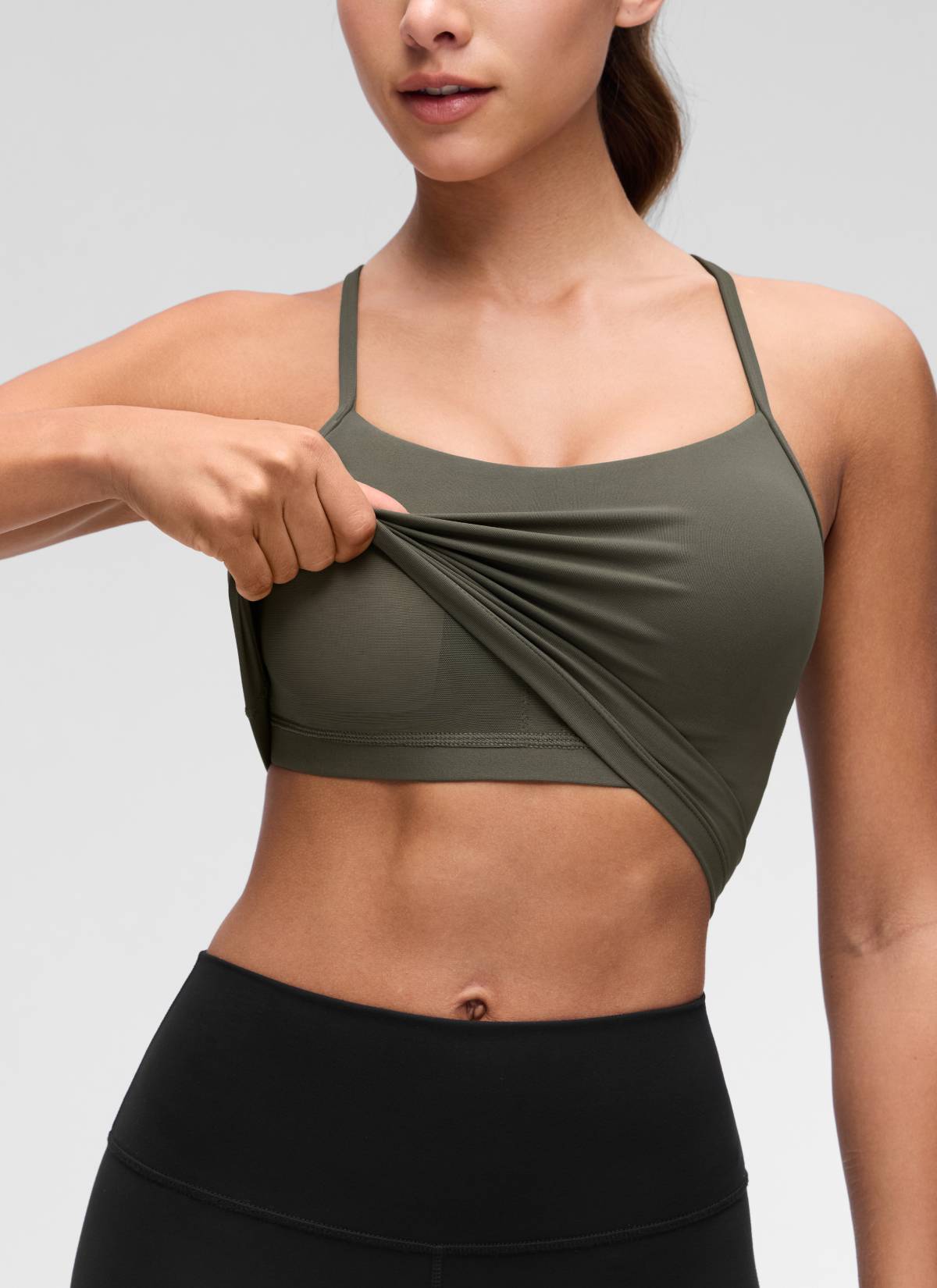 CRZ YOGA Damen Butterluxe Y Rücken Strappy Ohne Bügel Sport BH Helles Armeegrün