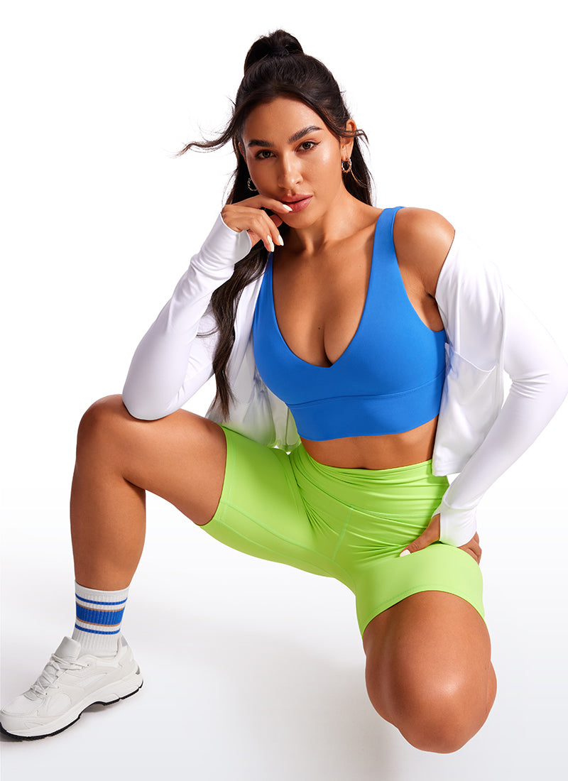 CRZ YOGA Butterluxe Damen V-Ausschnitt Gepolstert U-Rücken Sport-BH Funkelndes Blau