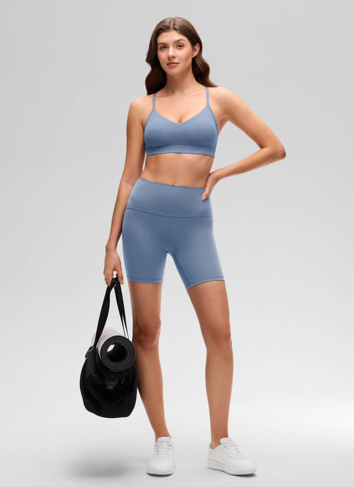 CRZ YOGA Damen Butterluxe V-Ausschnitt Verstellbar Spaghetti Sport BH Gewaschener Denim