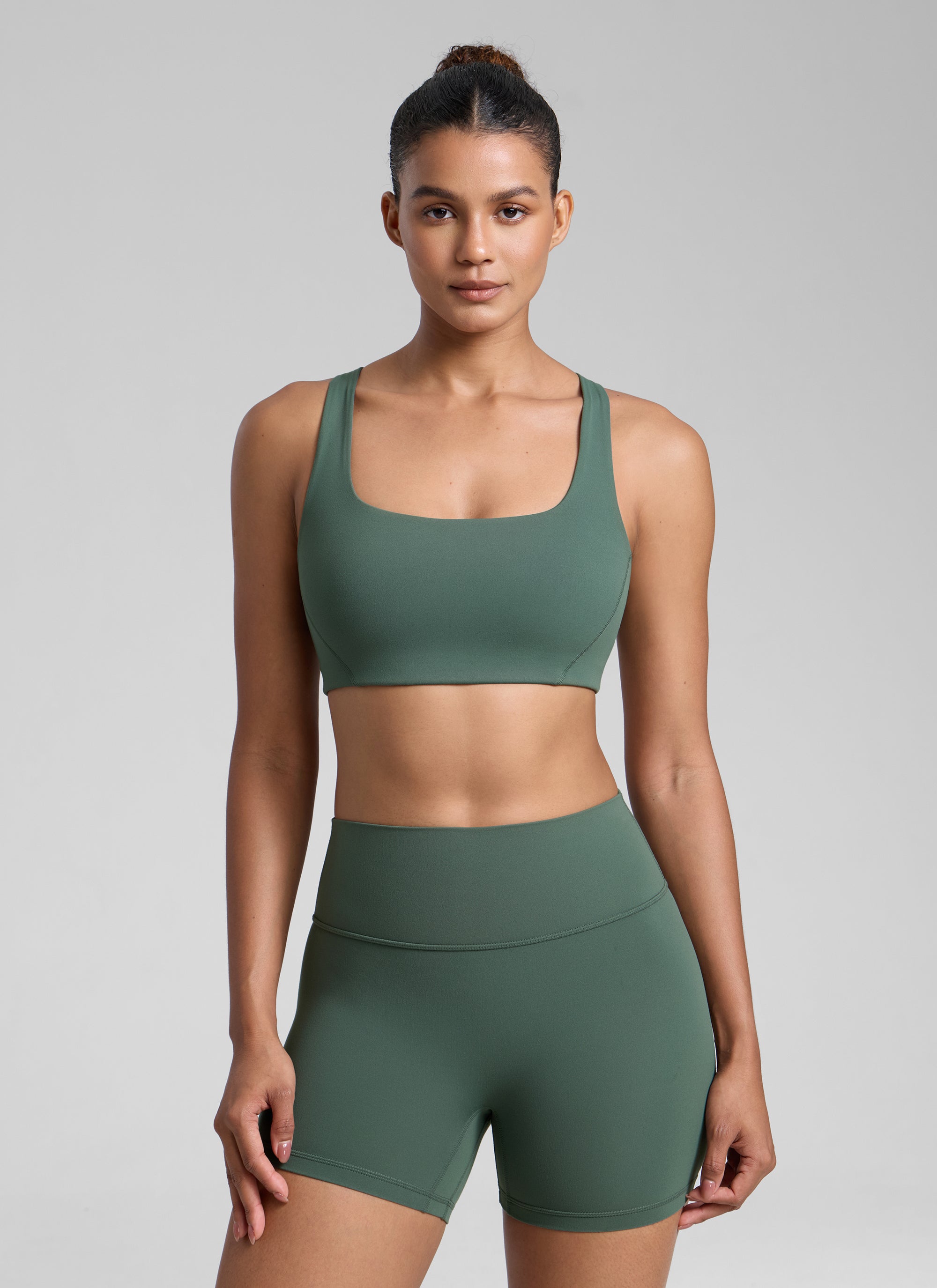 CRZ YOGA Damen Butterlift Doppellagiger BH mit quadratischem Ausschnitt Dunkles Waldgrün