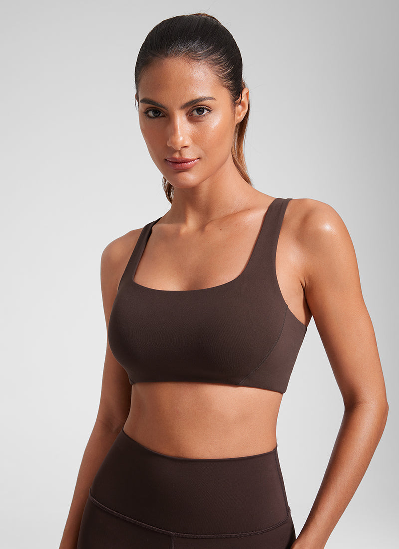 CRZ YOGA Damen Butterlift Doppellagiger BH mit quadratischem Ausschnitt Heißes Fudge-Brown