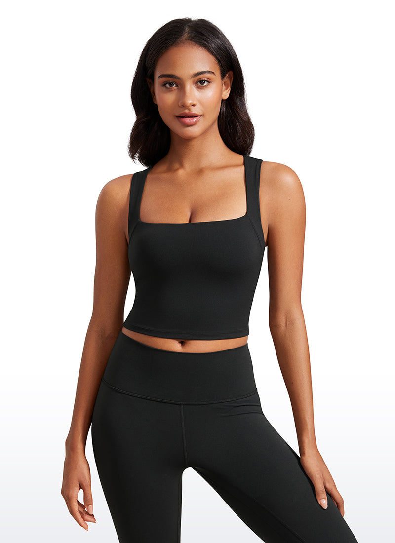 CRZ YOGA Damen Butterluxe Langleine Quadratischer Hals Crop-Top mit BH Schwarz