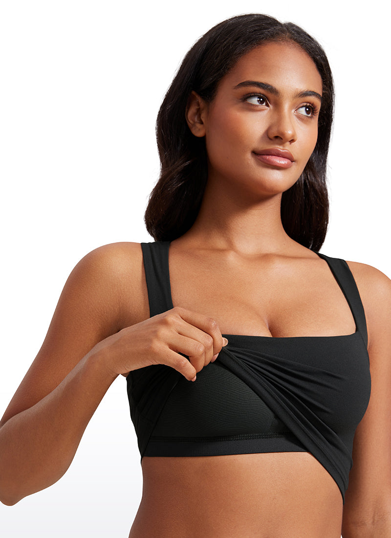 CRZ YOGA Damen Butterluxe Langleine Quadratischer Hals Crop-Top mit BH Schwarz
