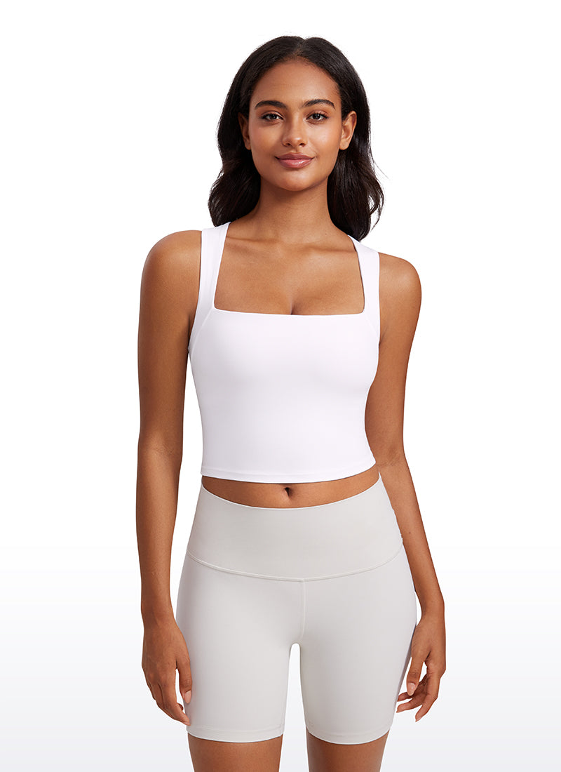 CRZ YOGA Damen Butterluxe Langleine Quadratischer Hals Crop-Top mit BH Weiss