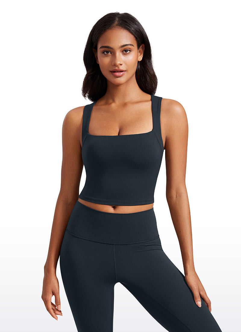 CRZ YOGA Damen Butterluxe Langleine Quadratischer Hals Crop-Top mit BH Echte Marine