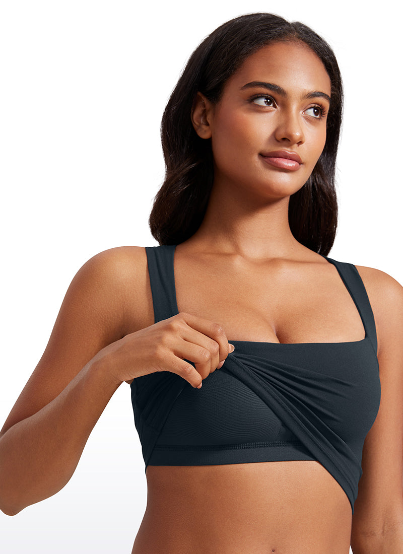 CRZ YOGA Damen Butterluxe Langleine Quadratischer Hals Crop-Top mit BH Echte Marine