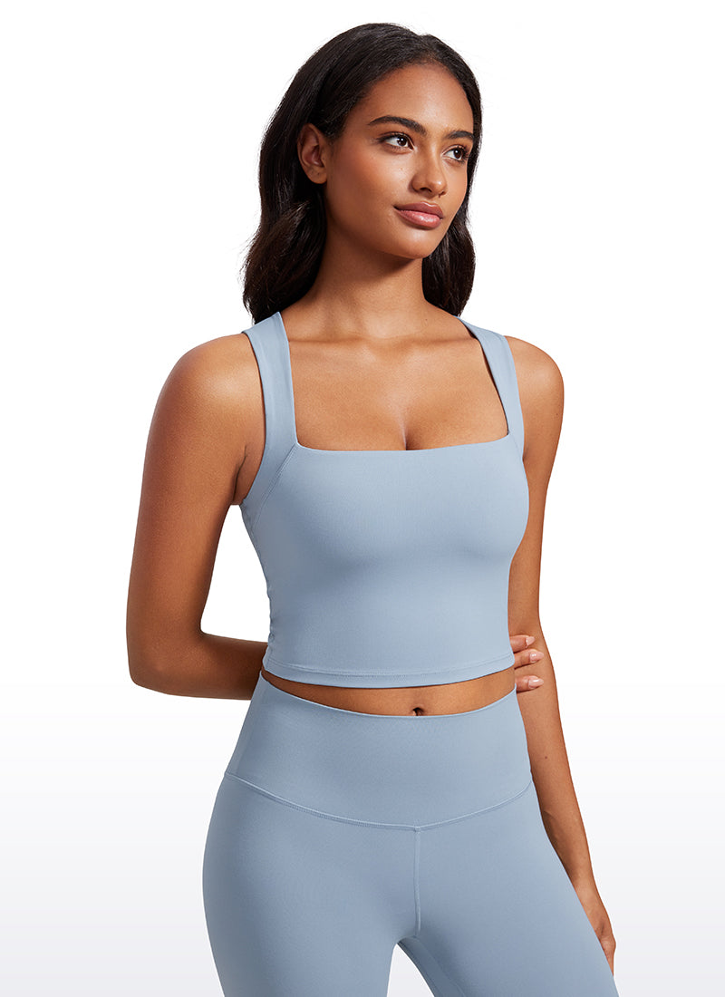 CRZ YOGA Damen Butterluxe Langleine Quadratischer Hals Crop-Top mit BH Cambric-Blau