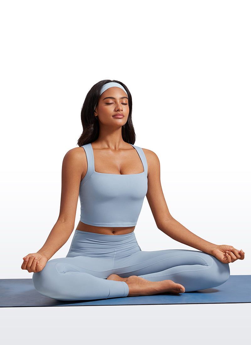 CRZ YOGA Damen Butterluxe Langleine Quadratischer Hals Crop-Top mit BH Cambric-Blau