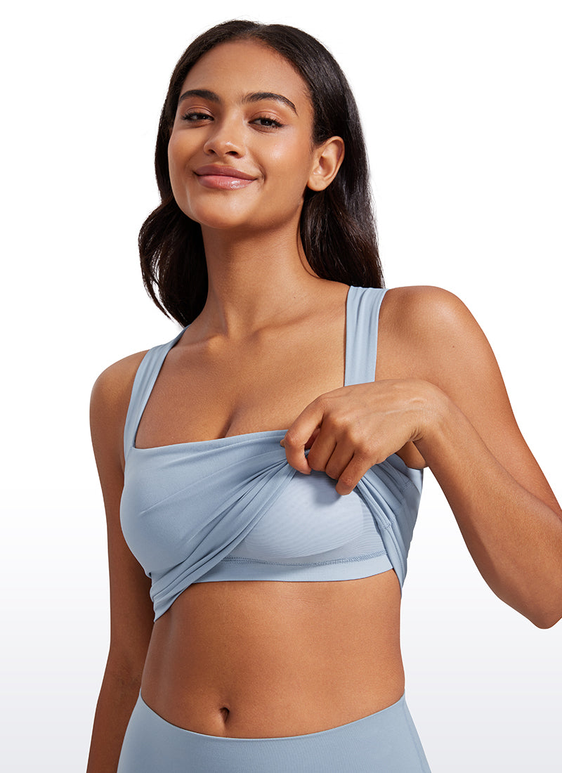 CRZ YOGA Damen Butterluxe Langleine Quadratischer Hals Crop-Top mit BH Cambric-Blau