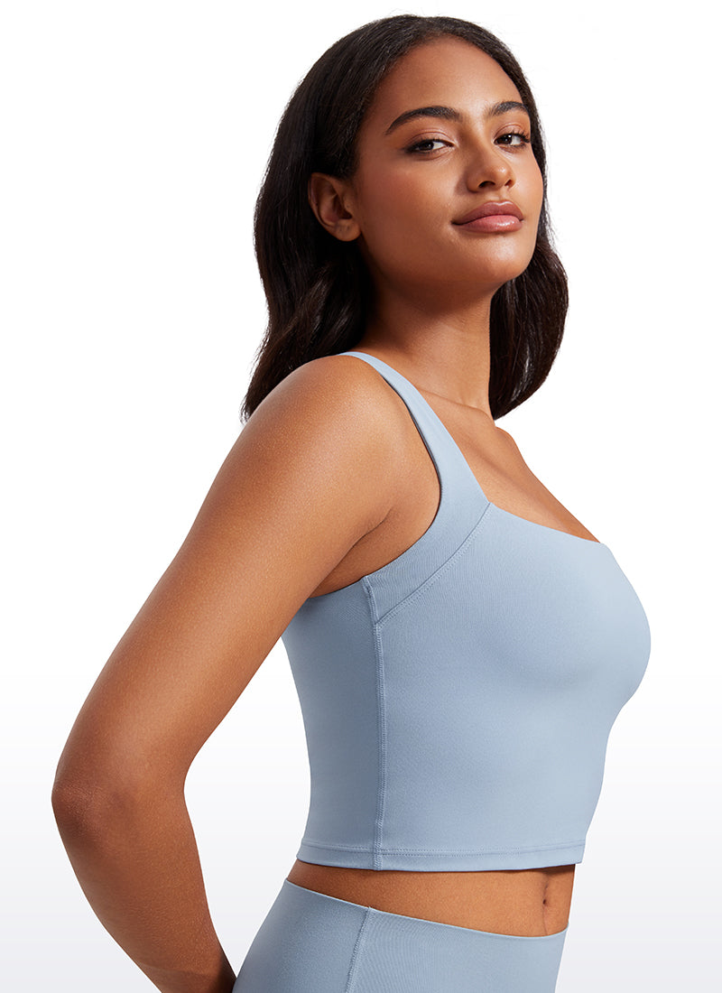 CRZ YOGA Damen Butterluxe Langleine Quadratischer Hals Crop-Top mit BH Cambric-Blau
