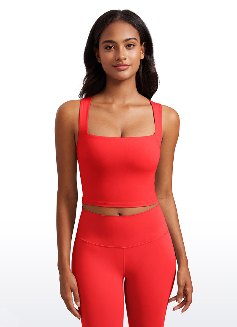 CRZ YOGA Damen Butterluxe Langleine Quadratischer Hals Crop-Top mit BH Tiefrot