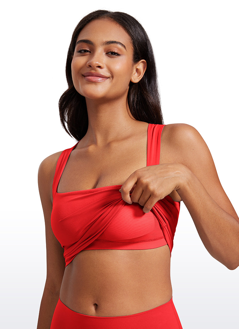 CRZ YOGA Damen Butterluxe Langleine Quadratischer Hals Crop-Top mit BH Tiefrot
