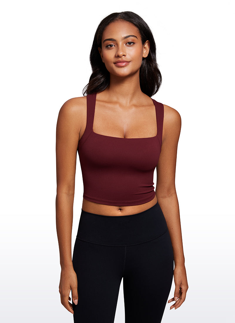 CRZ YOGA Damen Butterluxe Langleine Quadratischer Hals Crop-Top mit BH Roter Merlot