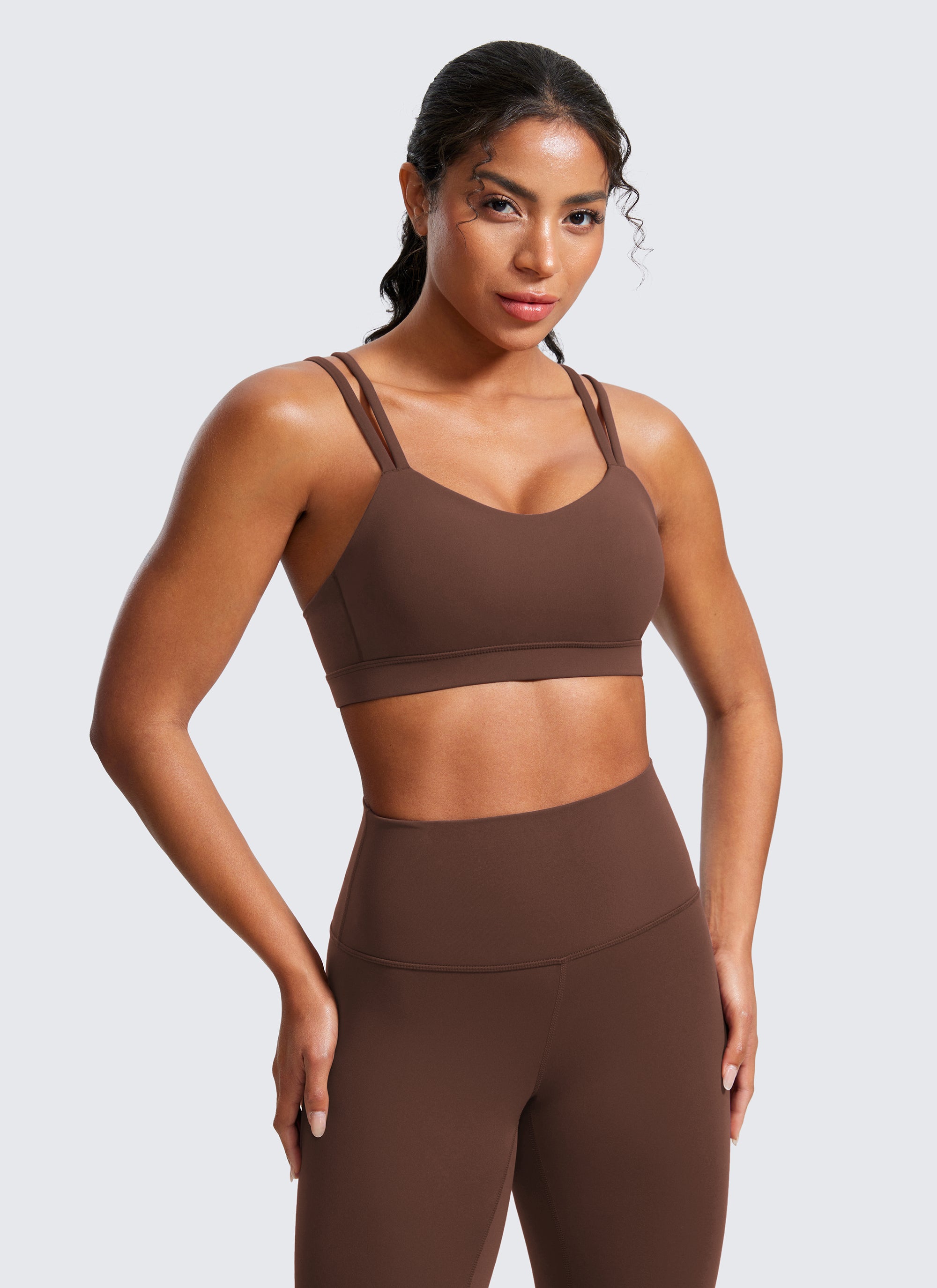 CRZ YOGA Damen Butterluxe V-Ausschnitt Molded Sports Ohne Bügel Kaffeebraun