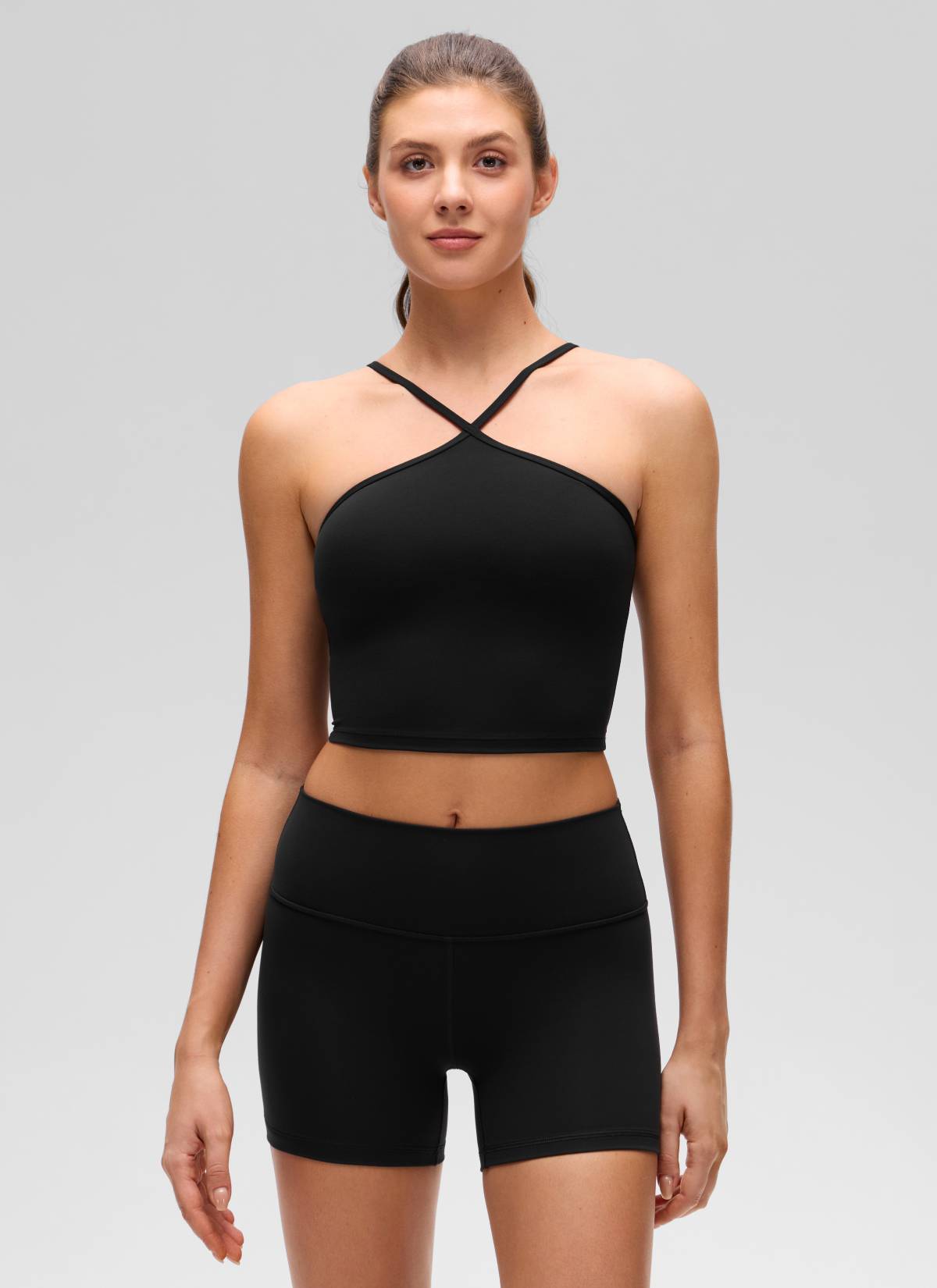 CRZ YOGA Damen Butterluxe Überkreuzter Hals Spaghettiträger Sport BH Schwarz