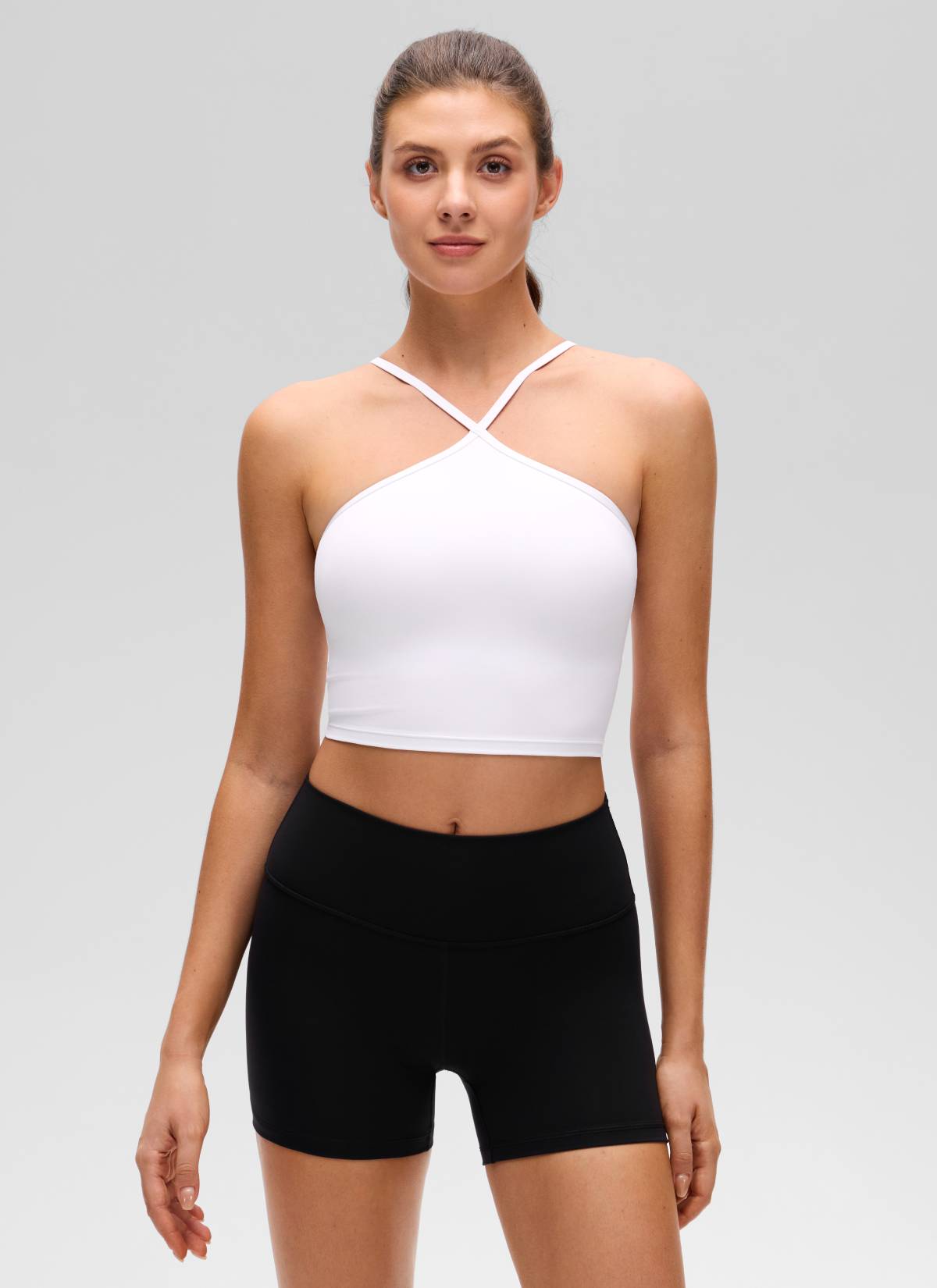 CRZ YOGA Damen Butterluxe Überkreuzter Hals Spaghettiträger Sport BH Weiss