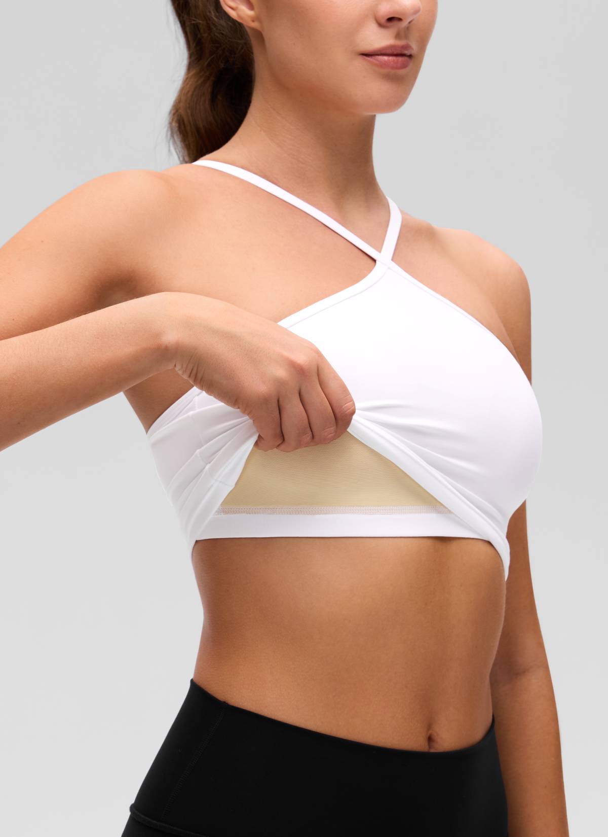 CRZ YOGA Damen Butterluxe Überkreuzter Hals Spaghettiträger Sport BH Weiss