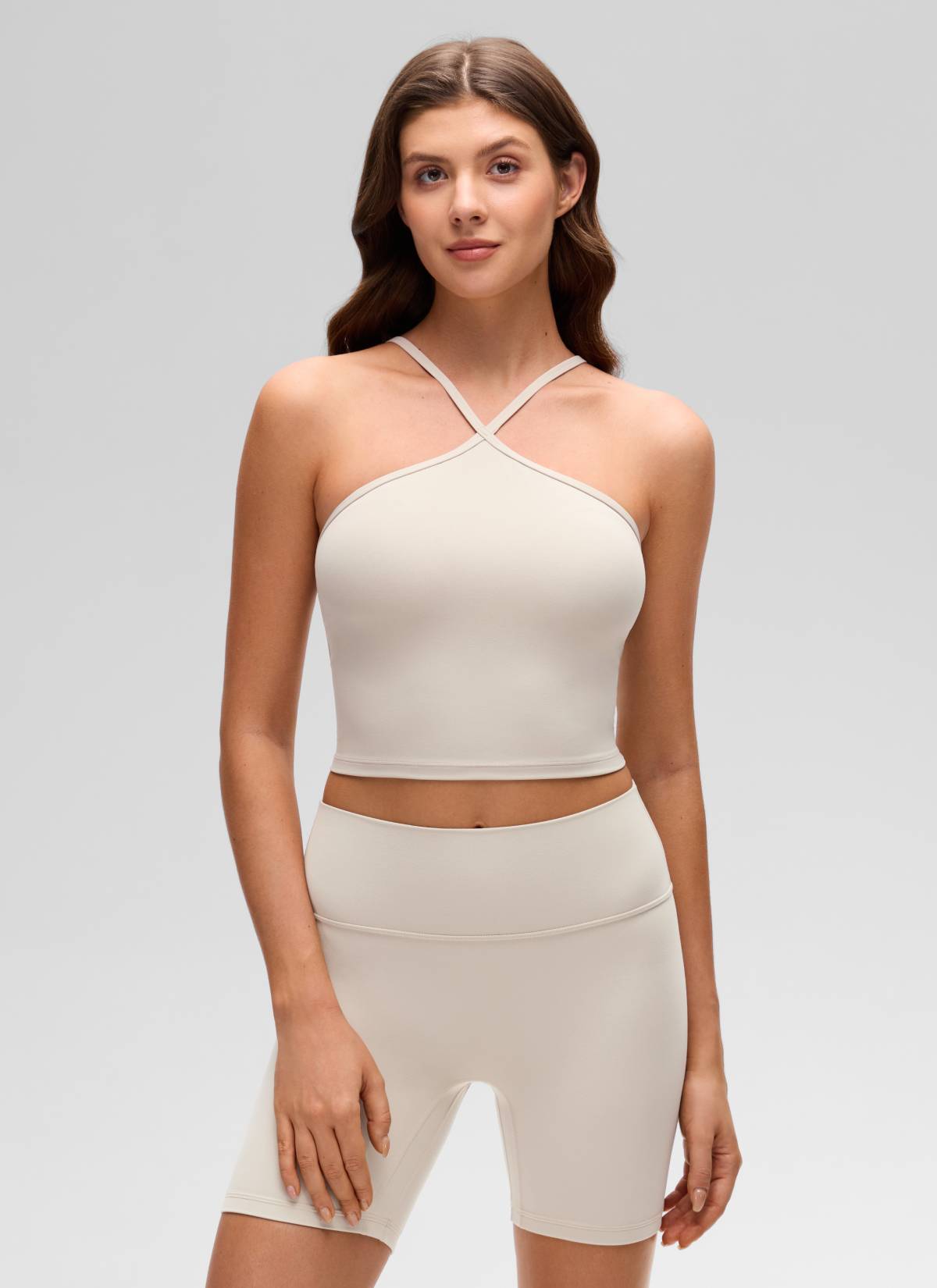 CRZ YOGA Damen Butterluxe Überkreuzter Hals Spaghettiträger Sport BH Mojave-Braun
