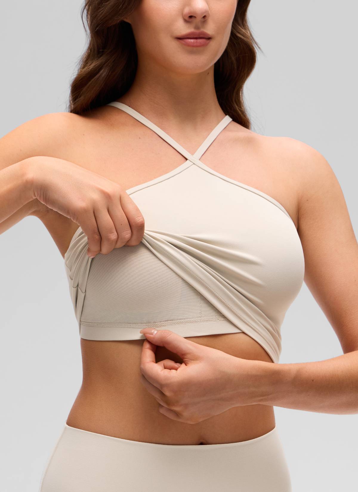 CRZ YOGA Damen Butterluxe Überkreuzter Hals Spaghettiträger Sport BH Mojave-Braun