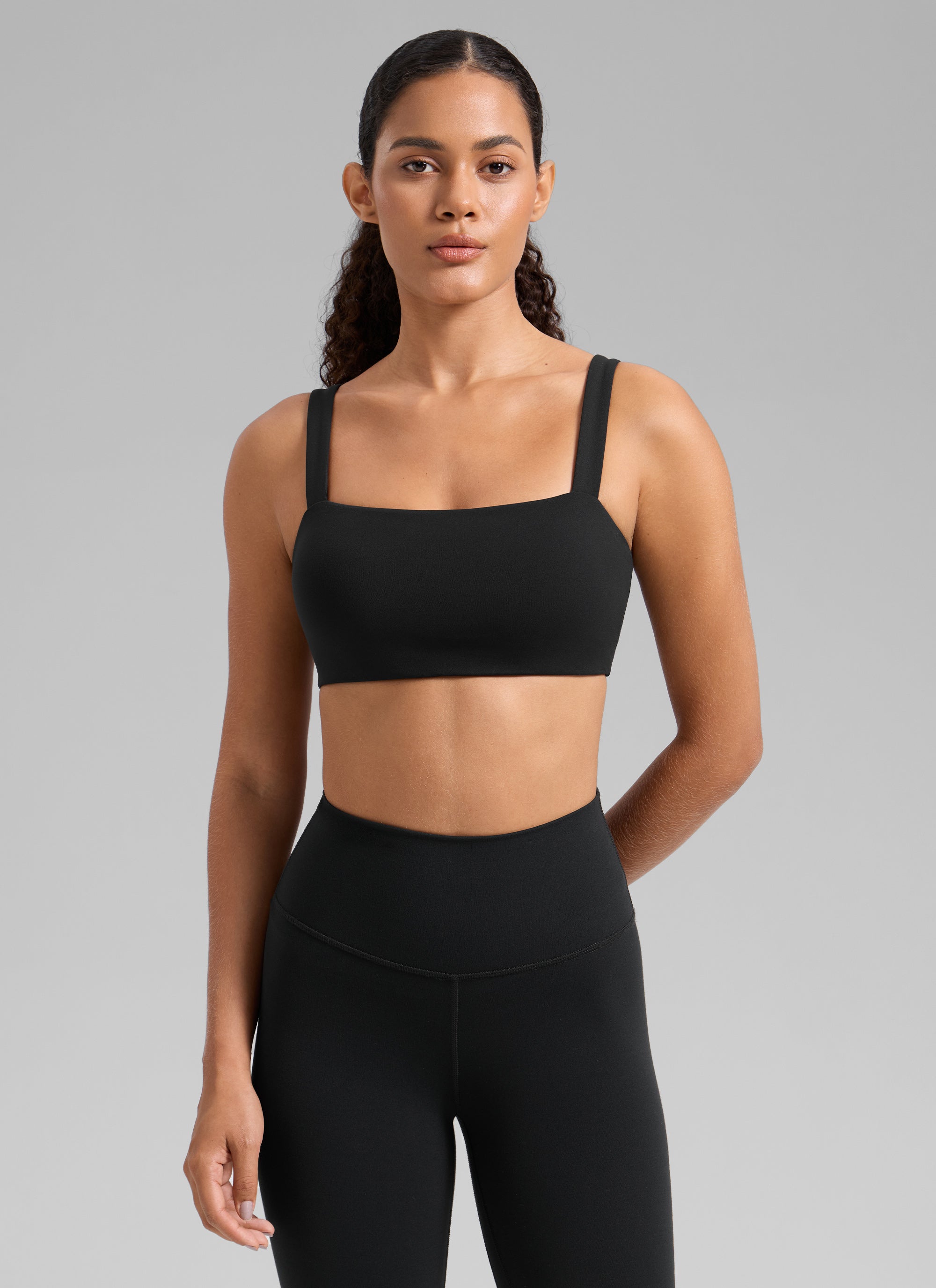 CRZ YOGA Damen Butterlift Quadratischer Hals Unterstützend Sports BH Schwarz
