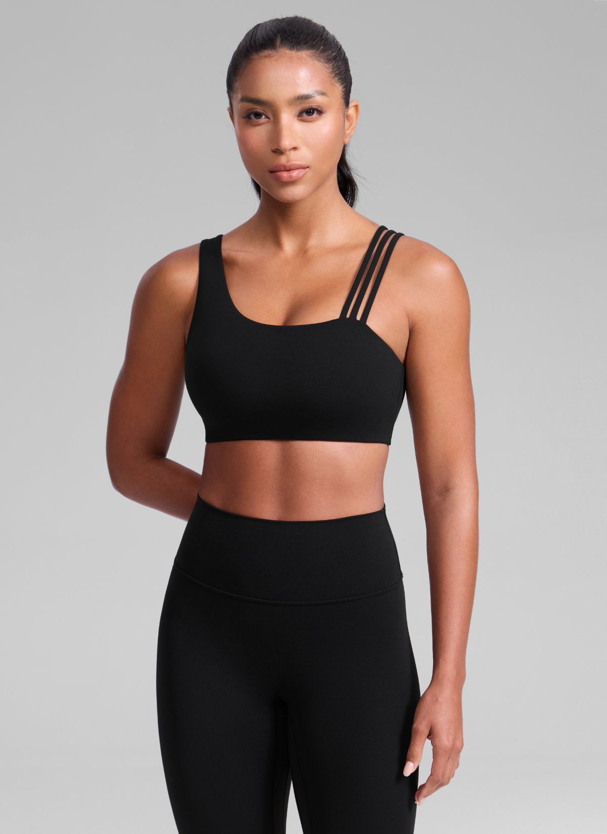 CRZ YOGA Damen Butterlift Sport-BH mit Asymmetrischen Trägern Schwarz