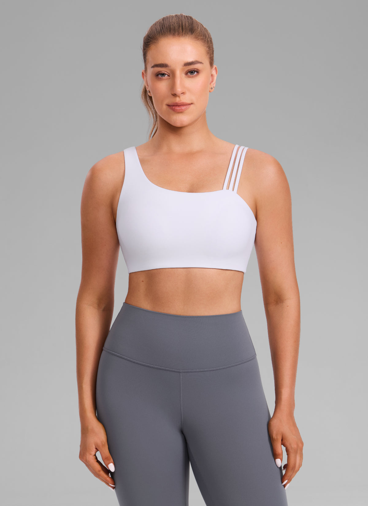 CRZ YOGA Damen Butterlift Sport-BH mit Asymmetrischen Trägern Weiss