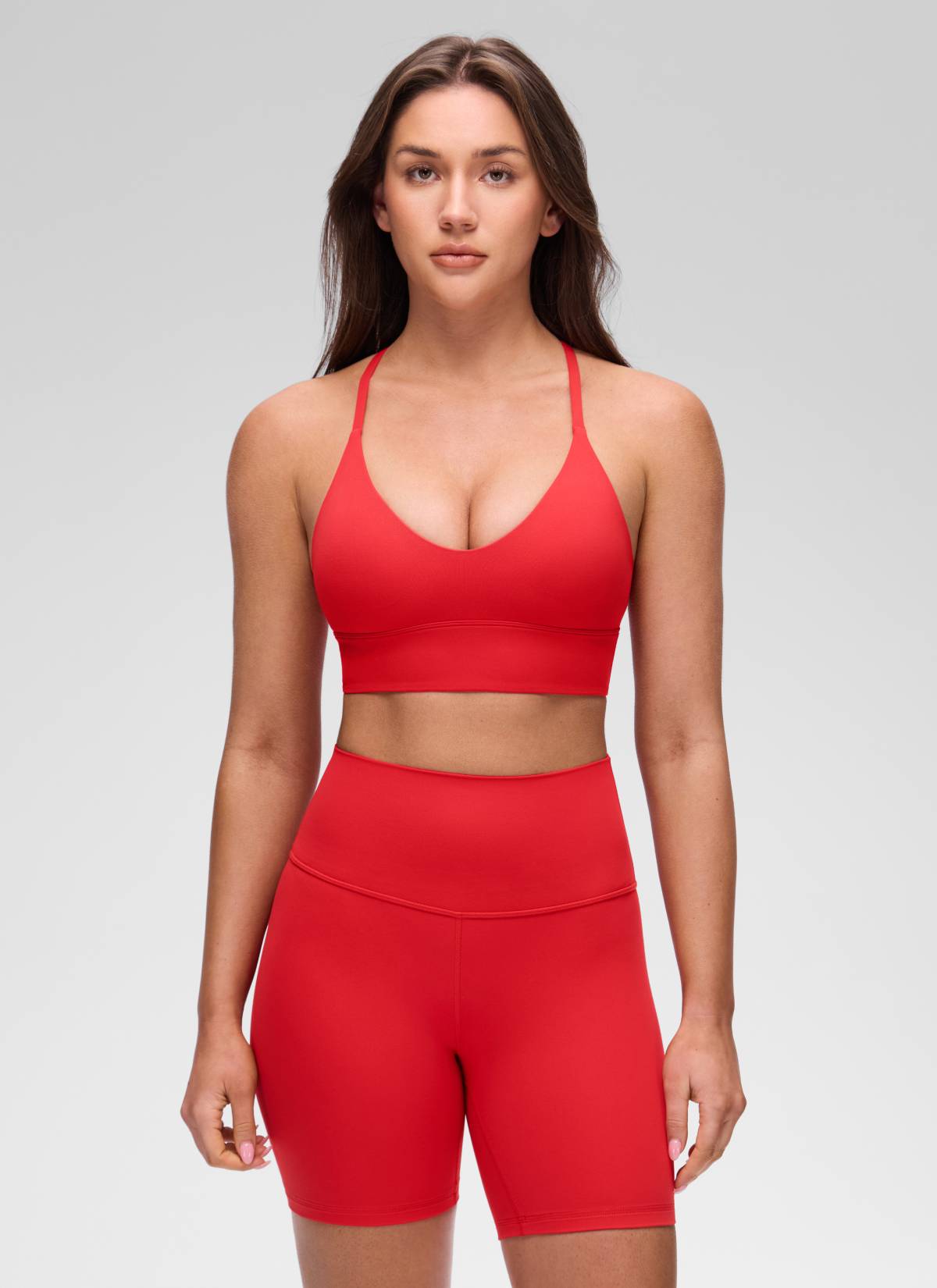 CRZ YOGA Women's Butterluxe Yoga V Neck Cross Back Longline Sports Bra Tiefrot