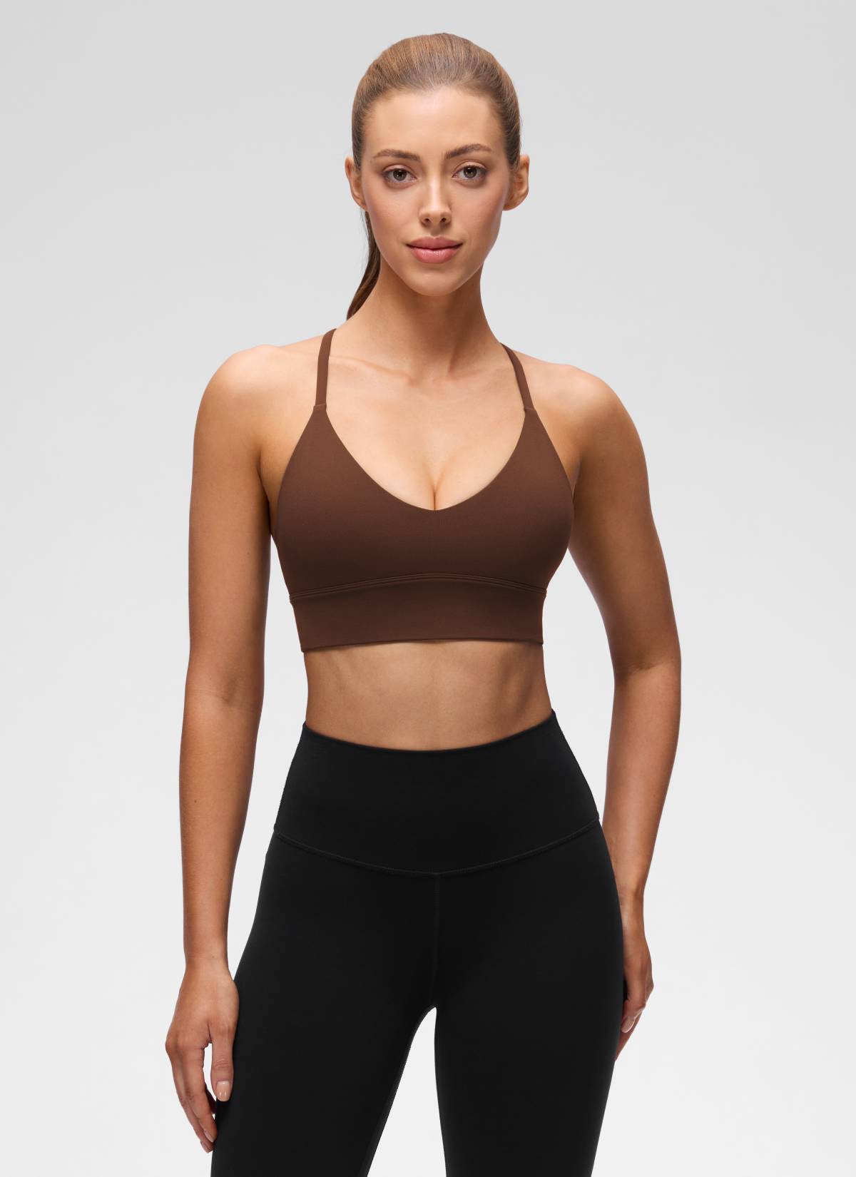 CRZ YOGA Women's Butterluxe Yoga V Neck Cross Back Longline Sports Bra Lava Braun
