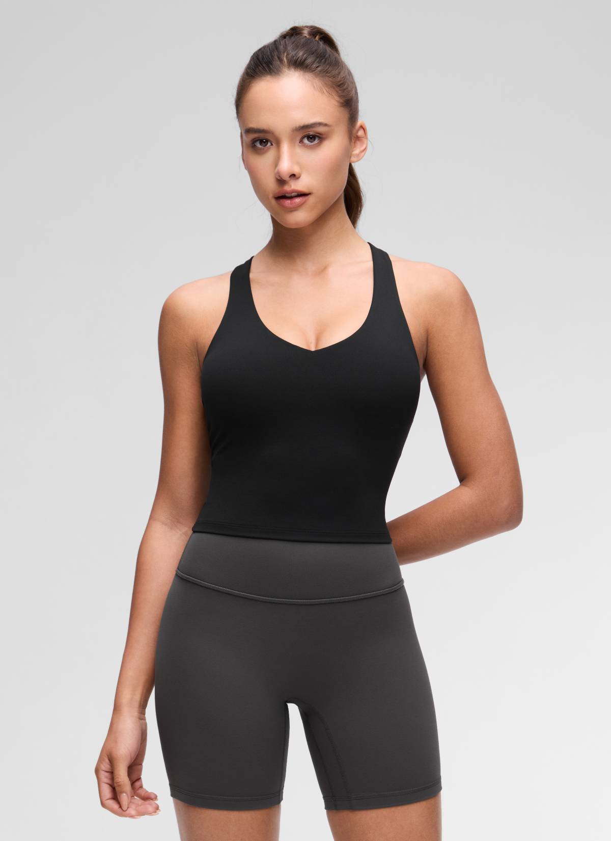 CRZ YOGA Damen V-Ausschnitt Crop Tanktops Bra Racerback Schwarz