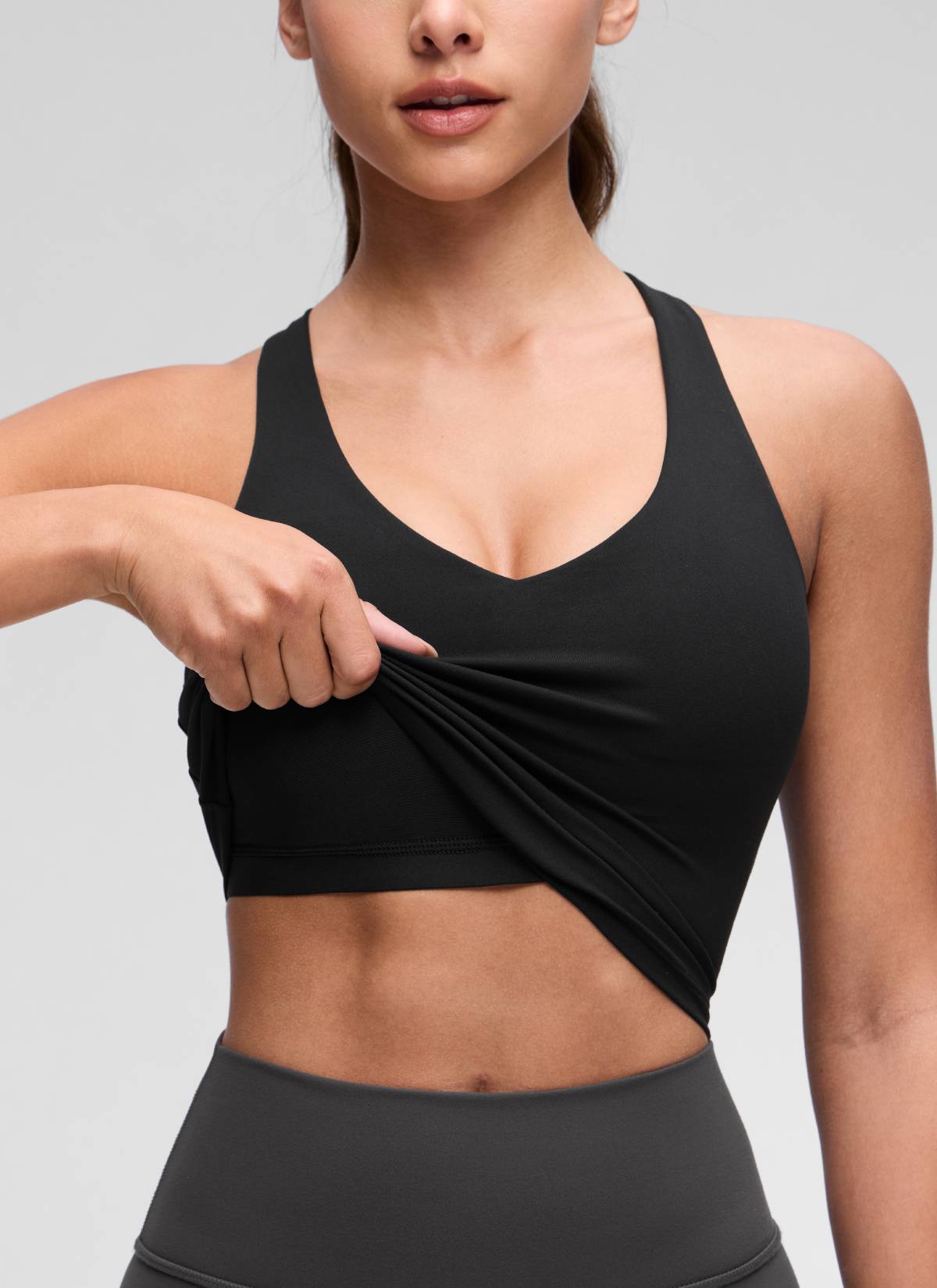 CRZ YOGA Damen V-Ausschnitt Crop Tanktops Bra Racerback Schwarz