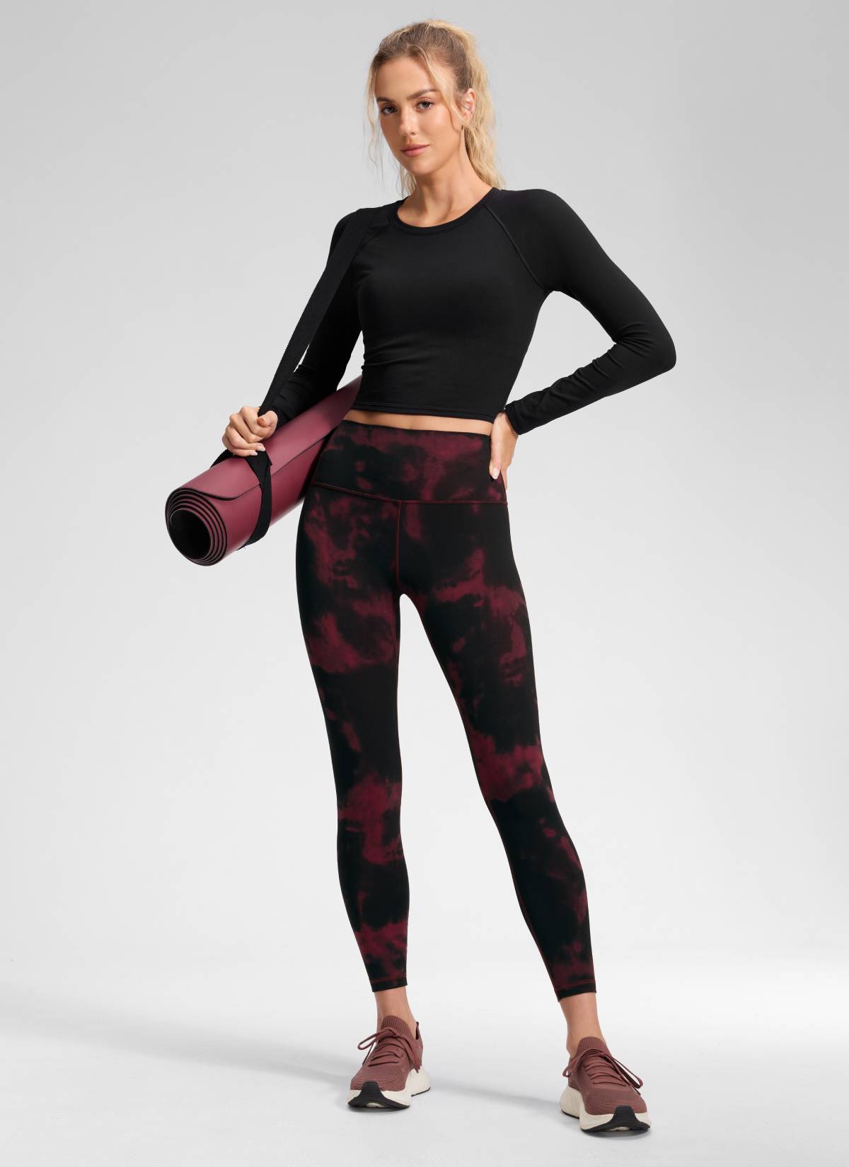 CRZ YOGA Butterluxe Damen High Waist Sport Leggings- 64cm Burgunderfarbene Batikblumen