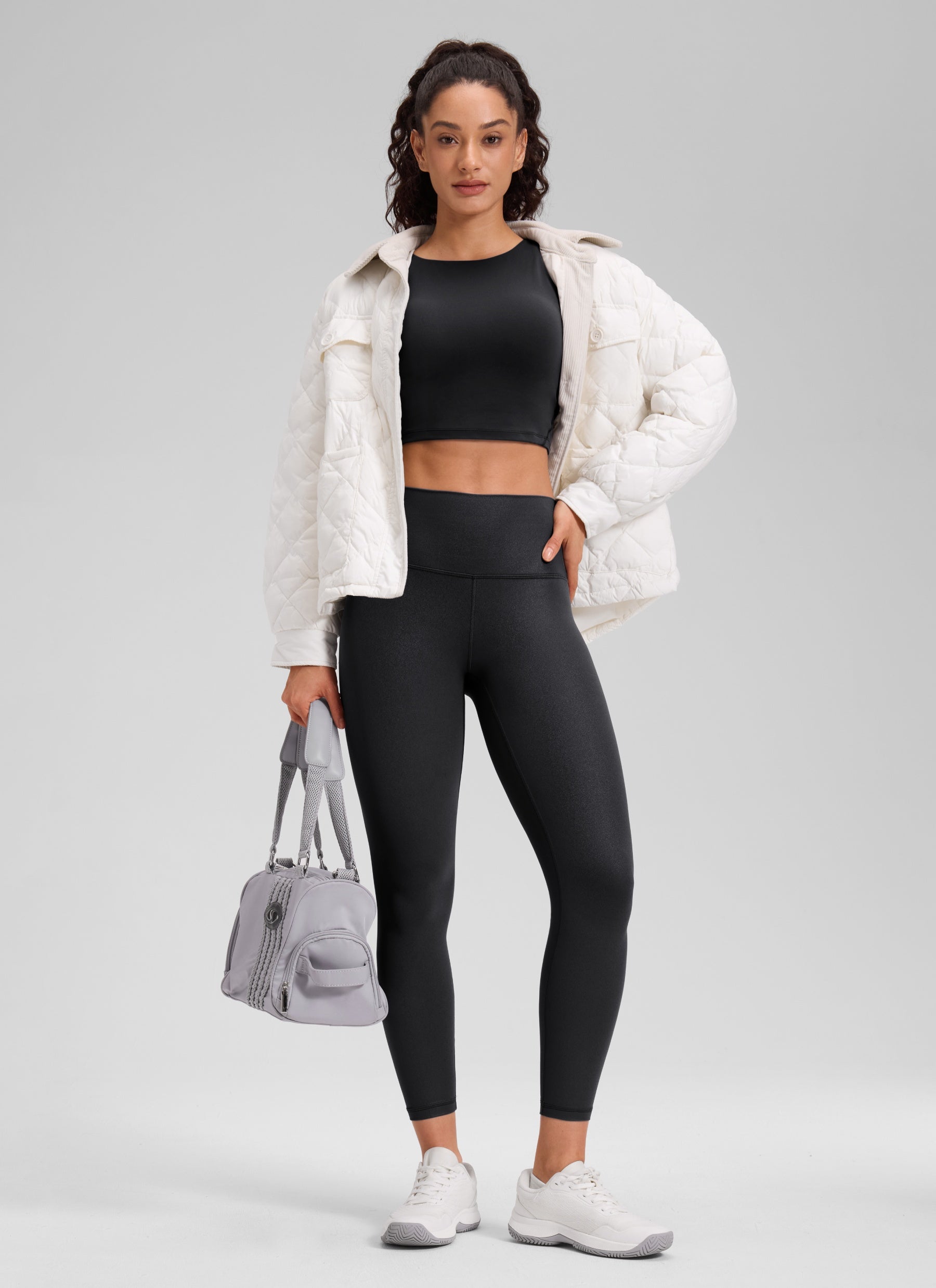 CRZ YOGA Damen Butterluxe Faux Leder Kunstleder-Leggings - 64cm Schwarzes Folienmuster