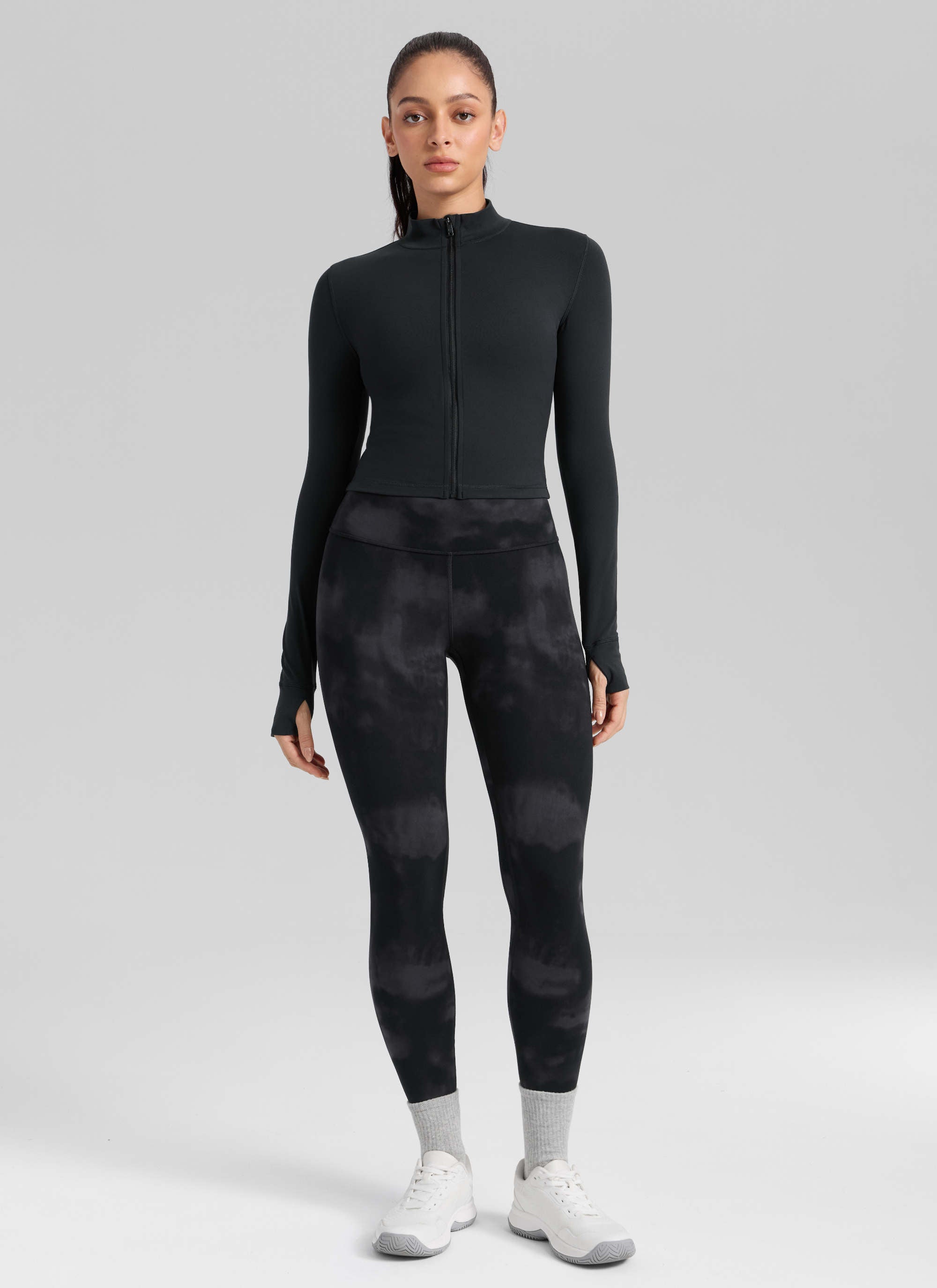 CRZ YOGA Damen Butterlift High Waist Workout Leggings - 64cm Schwarze Tie-Dye-Blumen