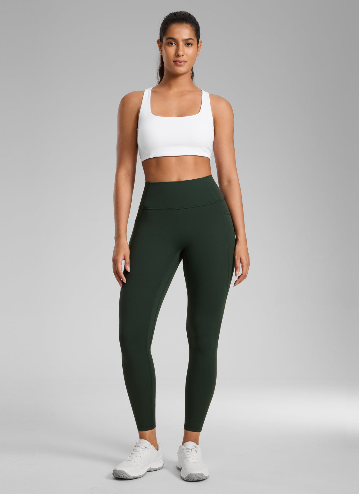 CRZ YOGA Damen Butterlift Keine Vordernaht Leggings mit Taschen-64cm Legende Grün
